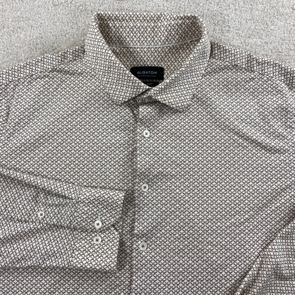 Bugatchi OoohCotton Shirt Mens XL Brown White Tech 8-Way Stretch Geometric Print